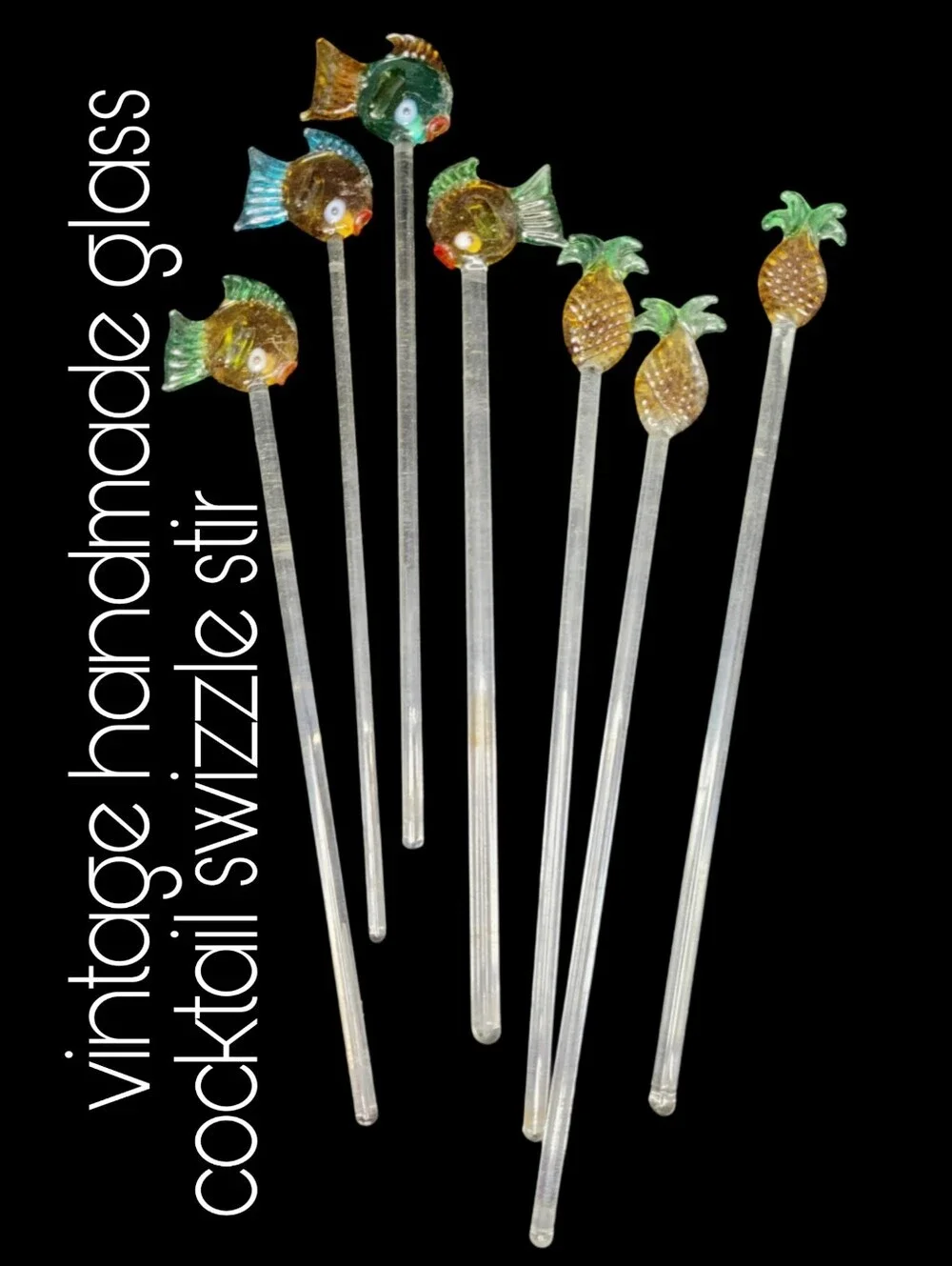 Vintage Tropical Handblown Glass Fish & Pinapple Cocktail Swizzle Stirrers